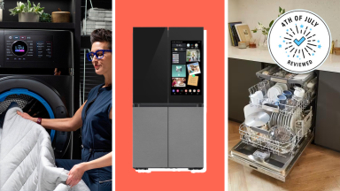 A collage featuring a Samsung Bespoke refrigerator, a Bosch dishwasher, and a GE washer and dryer combo.