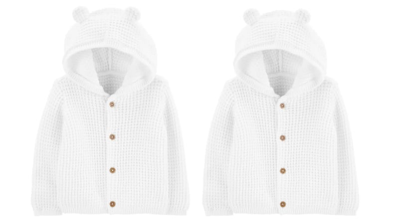 Two images of the same white cardigan in waffle-knit with a hood with ears.
