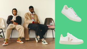 Two models seated, wearing Veja sneakers. On the right are two Veja sneakers against a green background.