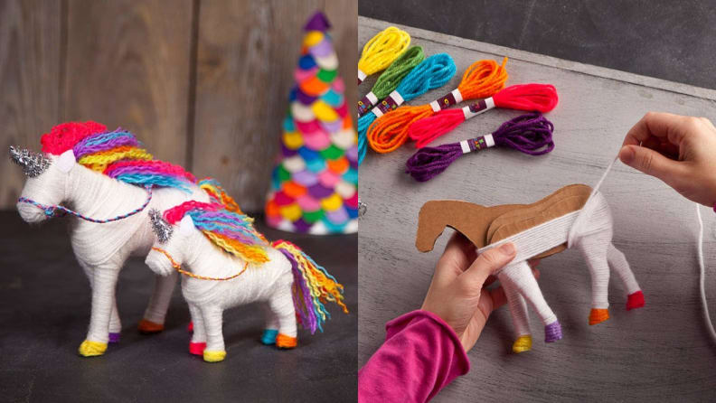 Yarn unicorns and a yarn unicorn kit.