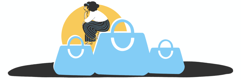 Illustration of three blue bags, a woman in striped black pants sits on top of one of the bags.