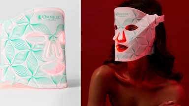 A diptych of the Omnilux mask and a woman wearing it in low light.
