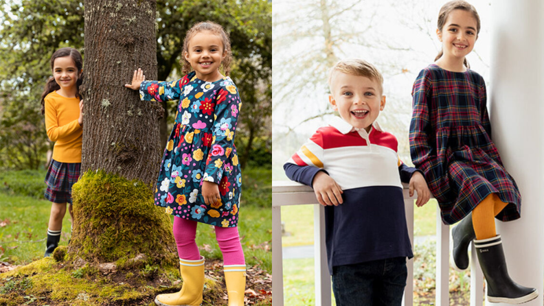 On the left: Two young girls stand next to a tree outside. On the right: A boy and a girl sit on a porch railing