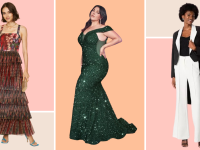 A tiered printed dress, a green sparkling mermaid silhouette gown, and a tuxedo with tails.