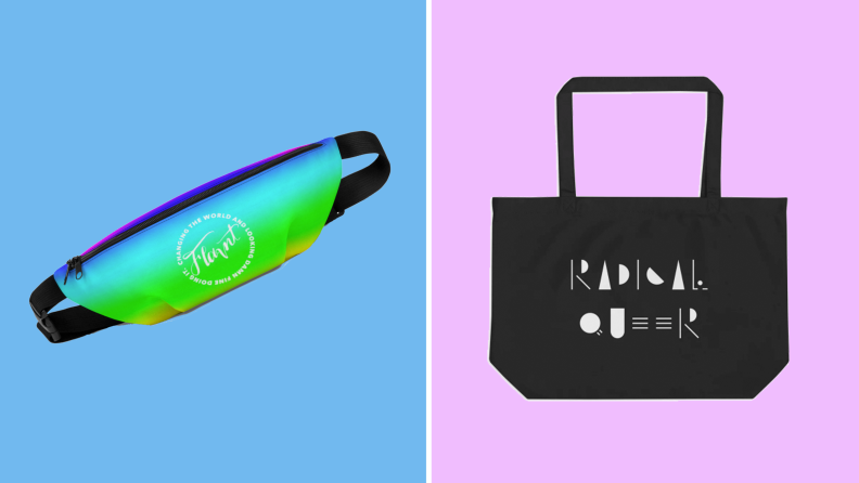 An image of a neon rainbow fanny pack from Flavnt next to a black tote bag that reads "Radical Queer" in white lettering.