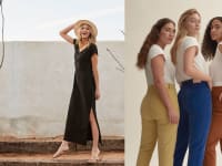 Woman in dress and hat next to group of three women in colorful pants