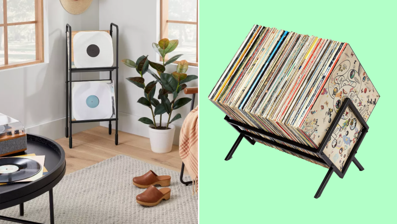 Photo collage of the Hearth & Hand Two Tier Record Storage inside of a modern living room and records stored inside of the Modern Vinyl Record Holder.