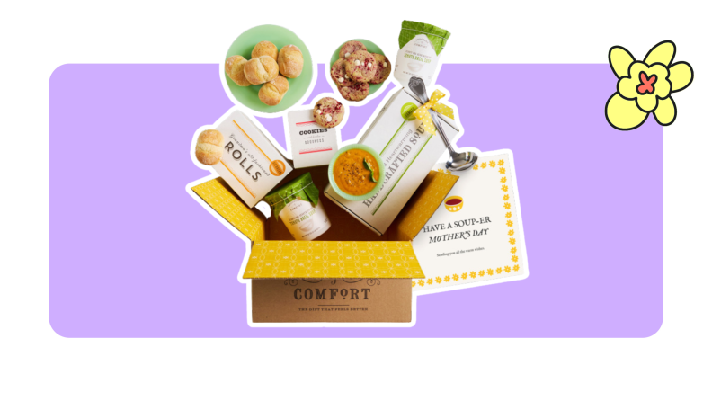 A gift box from Spoonful of Comfort that includes soup, bread and cookies