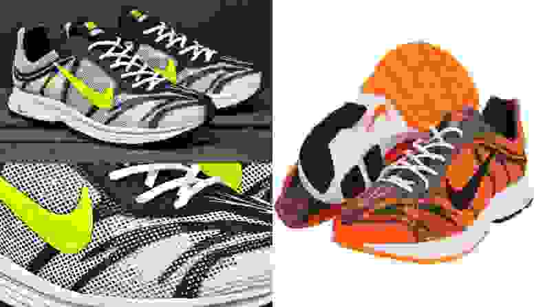 Pair of black and green Nike Zoom Streak 3 running shoes, pair of orange and black Nike Zoom Streak 3 running shoes.