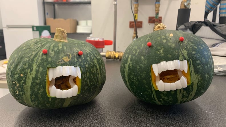 Two small pumpkin-like squashes outfitted with vampire fangs and beady red eyes.