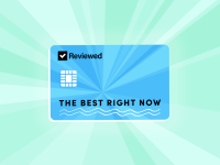 An illustrated credit card featuring Reviewed's logo and reading The Best Right Now is centered on a green background