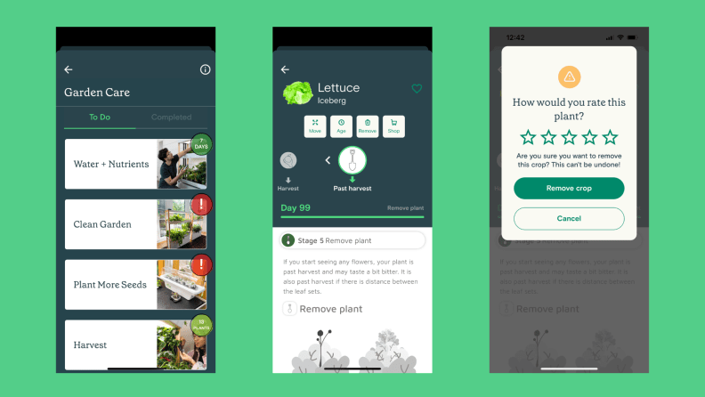 A collage featuring the Rise Garden app screenshots on a green background.
