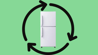 A white refrigerator sits inside a circle of arrows representing a lifecycle, all on a green background