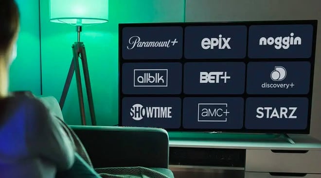 A TV featuring different streaming services like Showtime, BET+, and Paramount+.