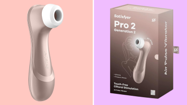 Satisfyer Pro 2 on a pink and purple background
