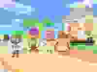 A group of friends stand on a beach in Animal Crossing: New Horizons.