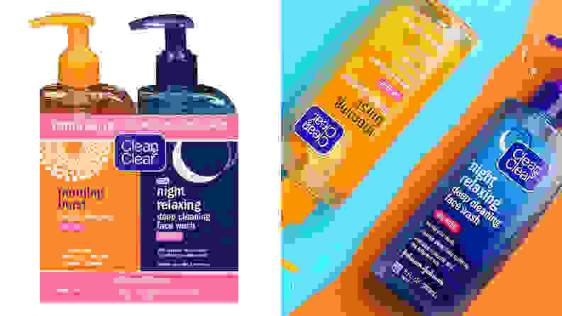 On the right: The orange and blue bottles of the Clean & Clear Day and Night Face Cleansers are packaged together and stand on a white background. On the right: The Clean & Clear Day and Night Face Cleansers lay on an orange and blue background diagonally facing opposite directions.
