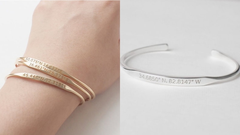A wrist with a coordinate-stamped bracelet