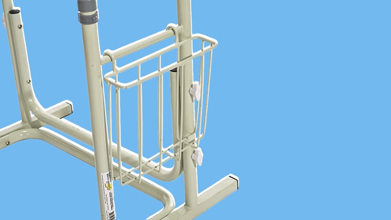 Close-up shot of the toilet support frame in front of a background.