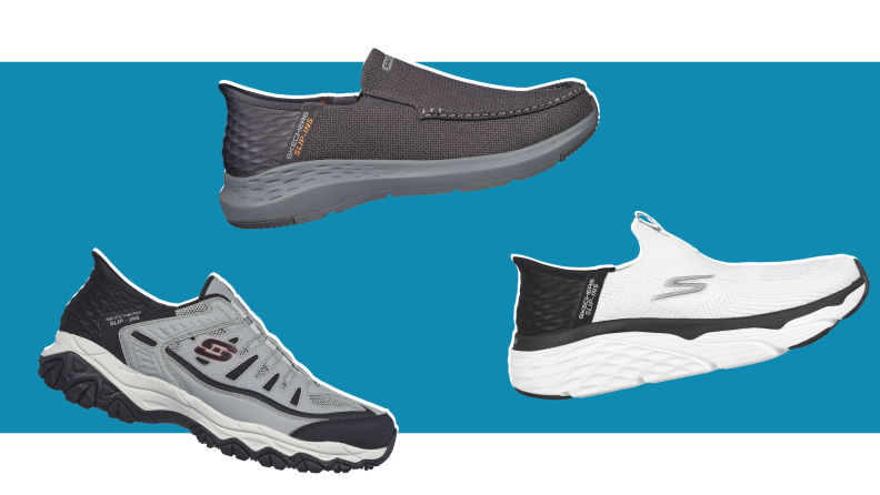 The Skechers Max Cushioning Advantageous, Parson Ralven, and After Burn M. Fit Ridgeburn on a blue background.
