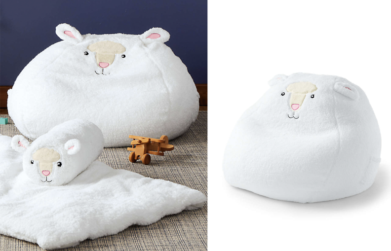 Two images of bean bag chairs designed to look like sheep