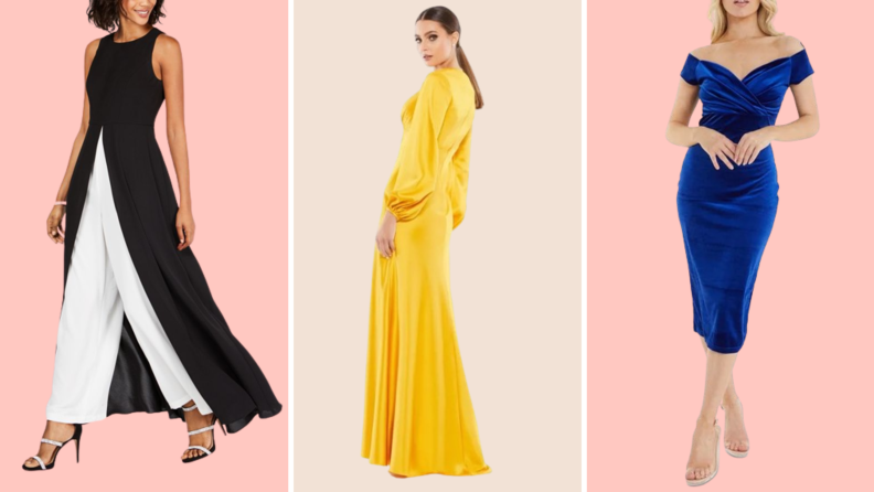 Collage image of a model wearing a black and white jumpsuit, a model wearing a blue velvet midi dress, and another model wearing a yellow gown with long sleeves.
