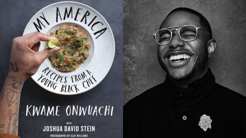 A la izquierda está el libro de cocina My America.  A la derecha hay una foto en blanco y negro de Kwame Onwuati riendo.