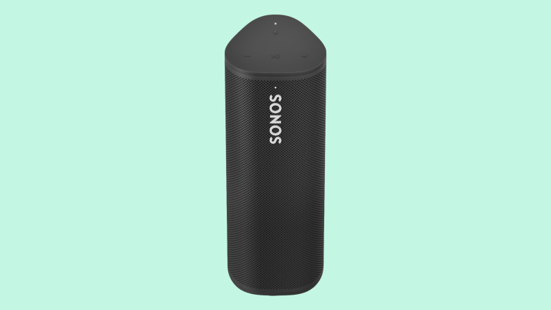 A Sono Roam Bluetooth speaker on a green background.