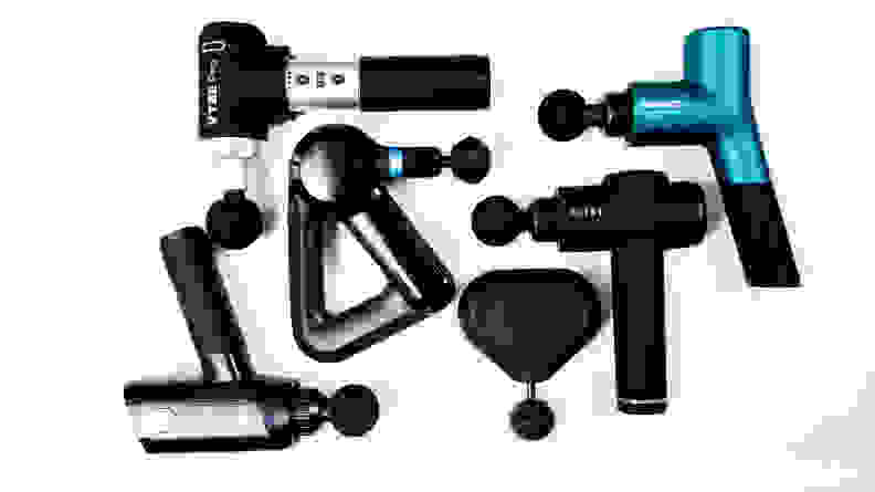 An array of massage guns on a white background.