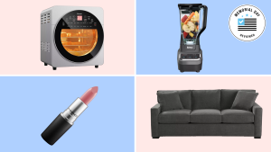 A colorful collage with an air fryer, a blender, a couch, and more with a Memorial Day badge in the corner.