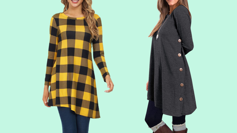 A knit dress in yellow plaid, also in gray.