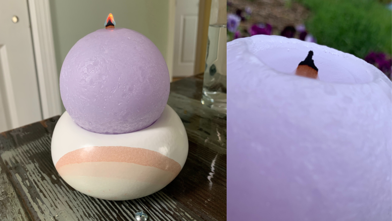 On left, pastel lavender colored candle on pillar on top of table. On right, close up of the Anthropologie Josette candle