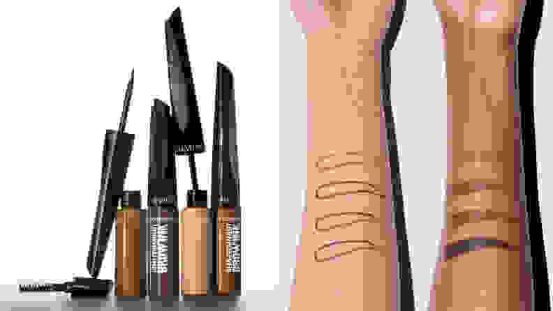 On the left: Several eyebrow gel products of different tones of brown stand together. On the right: Two arms of different skin tones have swatches of the eyebrows products on them.