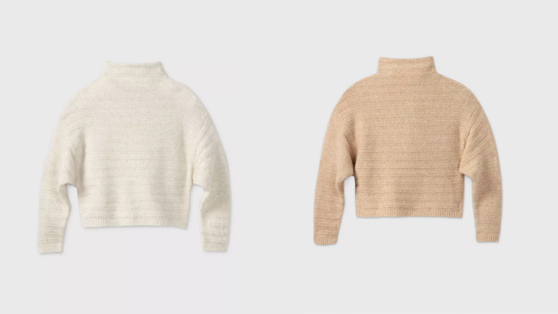 Two images of the same cocoon sweater, one in cream and the other in tan.