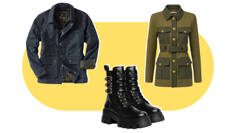 Black combat boots, an olive hunting jacket, and a navy men’s jacket.