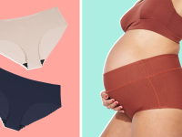 On left, product shots of beige and black maternity underwear from Proof. On right, pregnant person wearing two-piece undergarment set while holding area under baby bump.