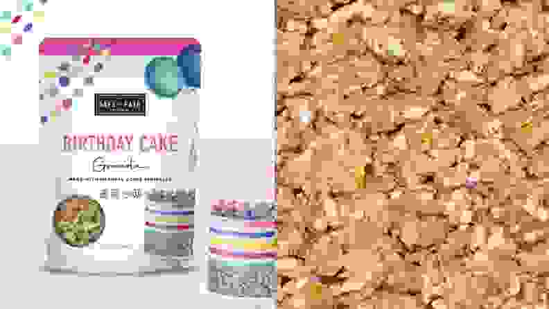 Left: A bag of Birthday Cake Granola against a white background accompanied by sprinkles. Right: Close-up photo of granola.