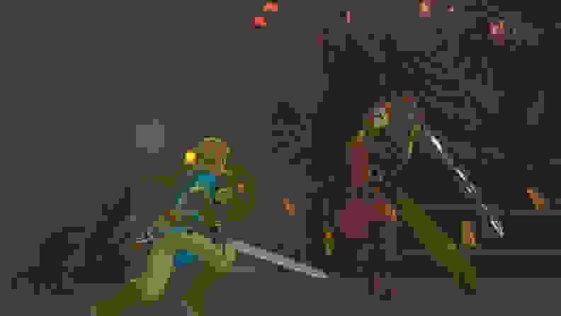 Link battles a Yiga ninja in an underground hideout.