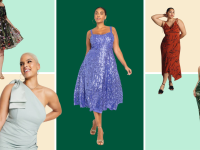 Collage image of women wearing an embroidered midi dress, a green mini dress with a bow on the shoulder, a printed red slip dress, a sequined purple dress, and a floral green gown.
