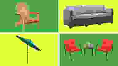 A collage of patio items on sale at Amazon in front of different colored backgrounds.