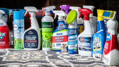 More than a dozen carpet stain cleaners displayed on a carpet.