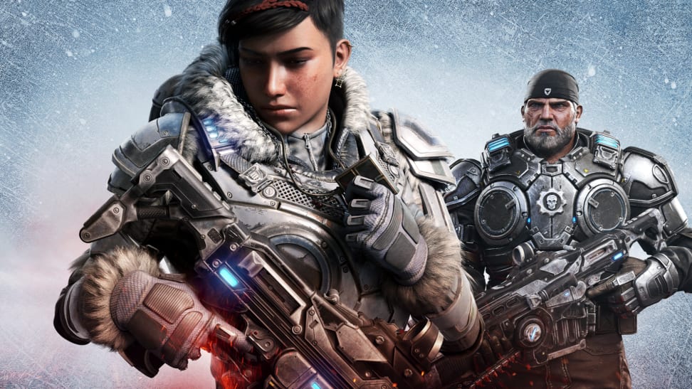 《Gears 5》的关键图像，由Kait Diaz和Marcus Fenix扮演。