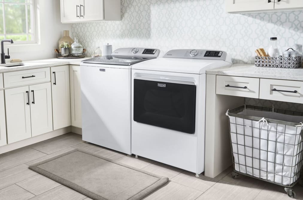 A shot of the dryer and its paired washer, installed in a modern laundry room
