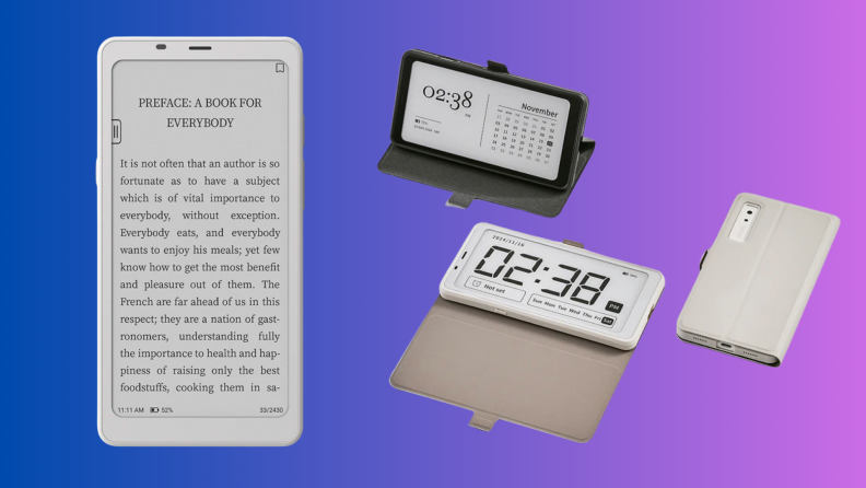 A Palma2 e-reader sits on a blue and purple background