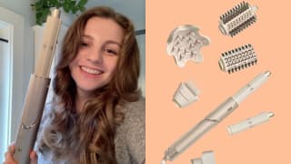On the left: A girl with long brown hair holds up the Shark Flexstyle tool and smiles. On the right: The SharkFlexstyle and its various attachments against a coral background.
