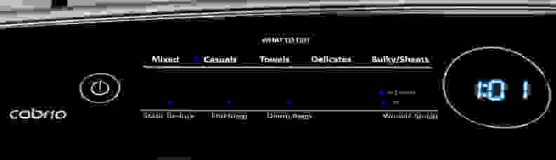 The Whirlpool Cabrio WED8500DC's new control scheme is designed to make drying clothes easier. First, you pick what kind of clothes are being washed...