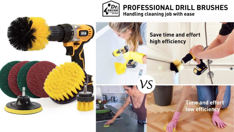 A series of images shows different folks using the Doctor Brush drill attachment to clean their bathrooms and kitches.