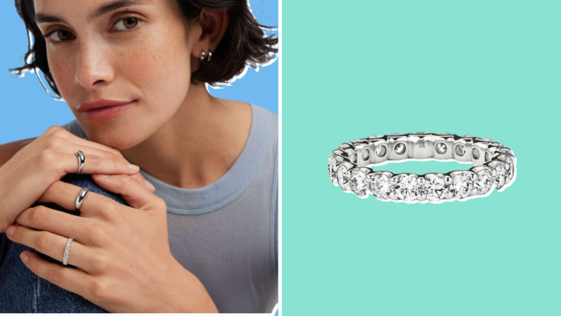 Collage of an engagement ring shown on a woman's finger and posed against a turquoise background.