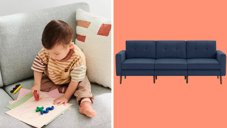 On left, small child coloring on construction paper while sitting on the Burrow Nomad Sofa. On right, navy colored Burrow Nomad Sofa.