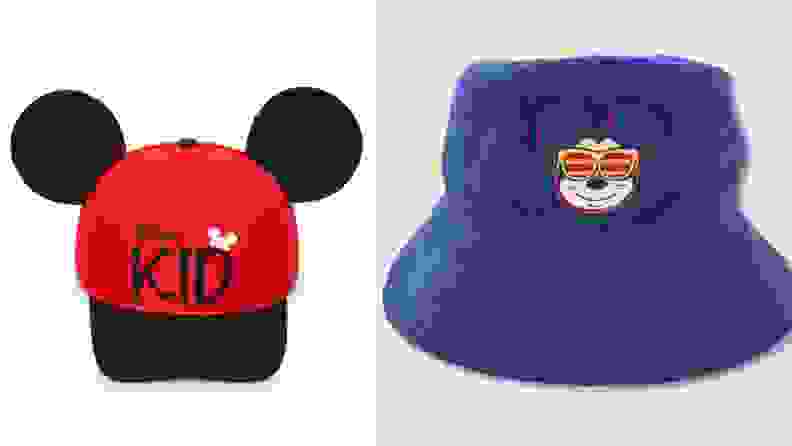 Two hats to protect from the sun: One red with mouse ears and one blue with a picture of Mickey Mouse.